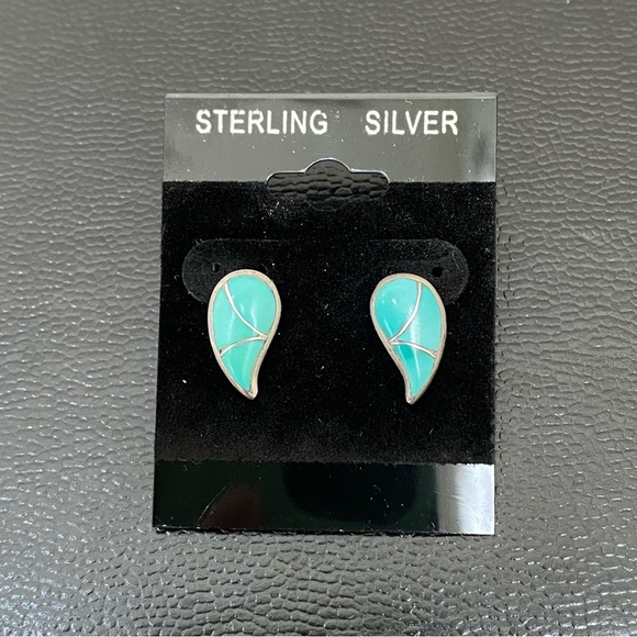 Vintage STR.SII Sterling Silver Turquoise Inlay Comma Teardrop Post Earrings - Picture 2 of 12